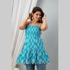 Cotton Aqua Blue Printed Smocked Sleeveless Top - Frionkandy