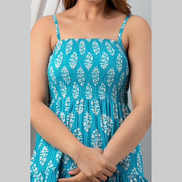 Cotton Aqua Blue Printed Smocked Sleeveless Top - Frionkandy