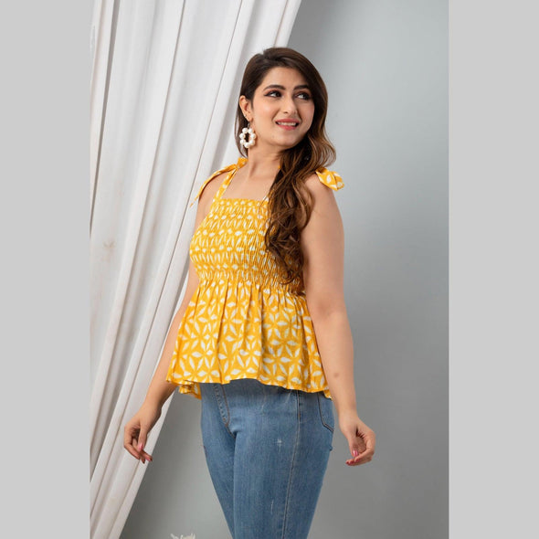 Cotton Yellow Printed Smocked Sleeveless Top - FrionKandy