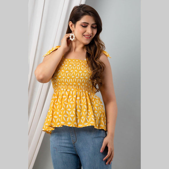 Cotton Yellow Printed Smocked Sleeveless Top - FrionKandy