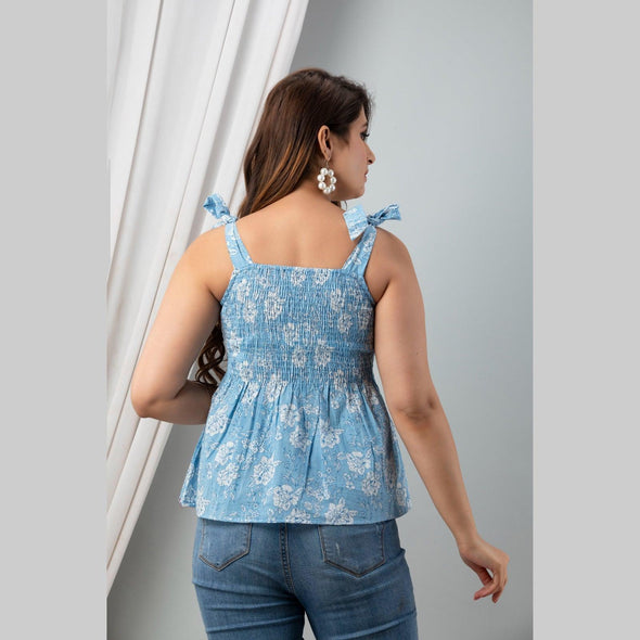 Cotton Sky Blue Printed Smocked Sleeveless Top - FrionKandy