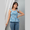 Cotton Sky Blue Printed Smocked Sleeveless Top - Frionkandy