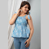 Cotton Sky Blue Printed Smocked Sleeveless Top - FrionKandy
