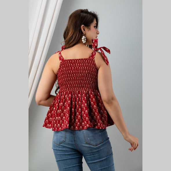 Cotton Maroon Printed Smocked Sleeveless Top - FrionKandy