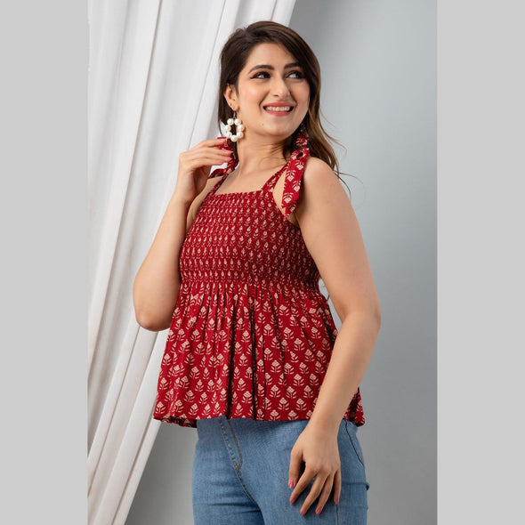 Cotton Maroon Printed Smocked Sleeveless Top - FrionKandy