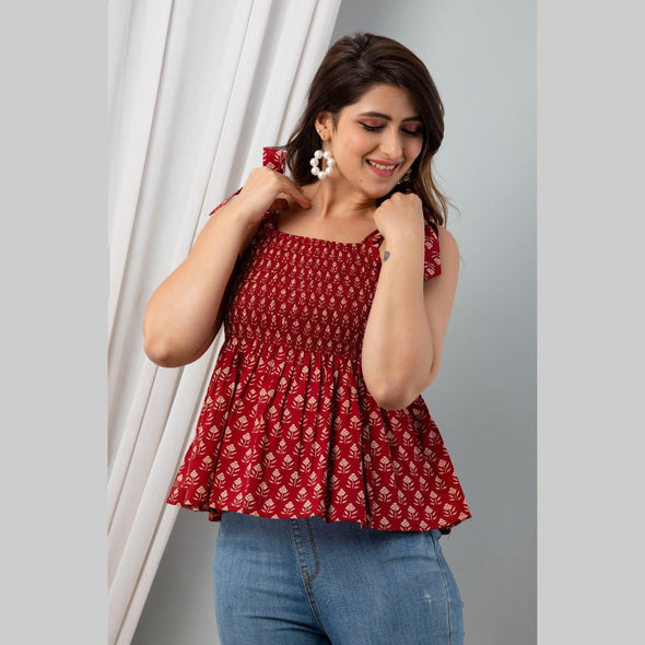 Cotton Maroon Printed Smocked Sleeveless Top - FrionKandy