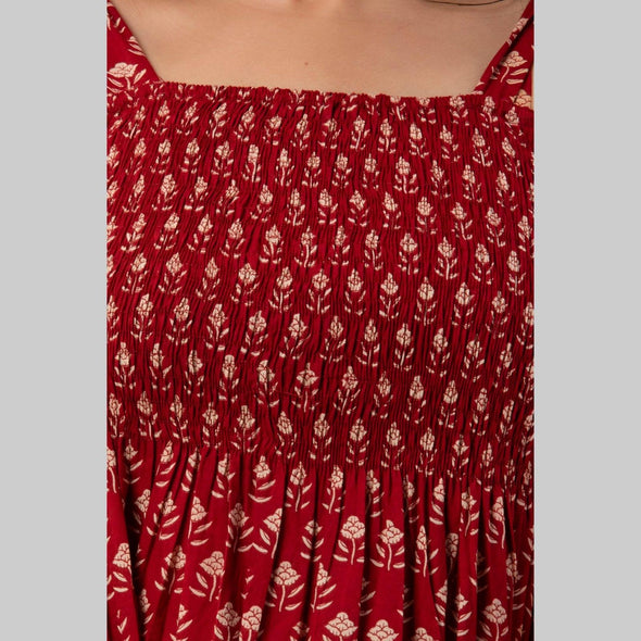 Cotton Maroon Printed Smocked Sleeveless Top - FrionKandy