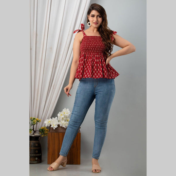 Cotton Maroon Printed Smocked Sleeveless Top - FrionKandy
