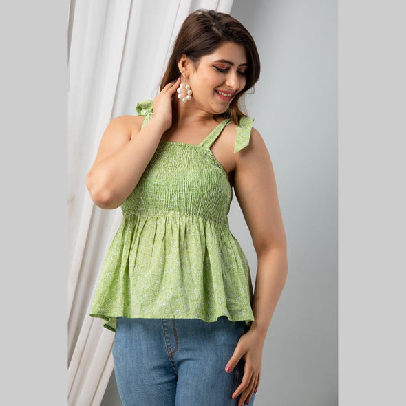 Cotton Light Green Printed Smocked Sleeveless Top - FrionKandy