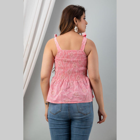 Cotton Light Pink Printed Smocked Sleeveless Top - FrionKandy