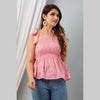 Cotton Light Pink Printed Smocked Sleeveless Top - FrionKandy