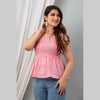 Cotton Light Pink Printed Smocked Sleeveless Top - FrionKandy