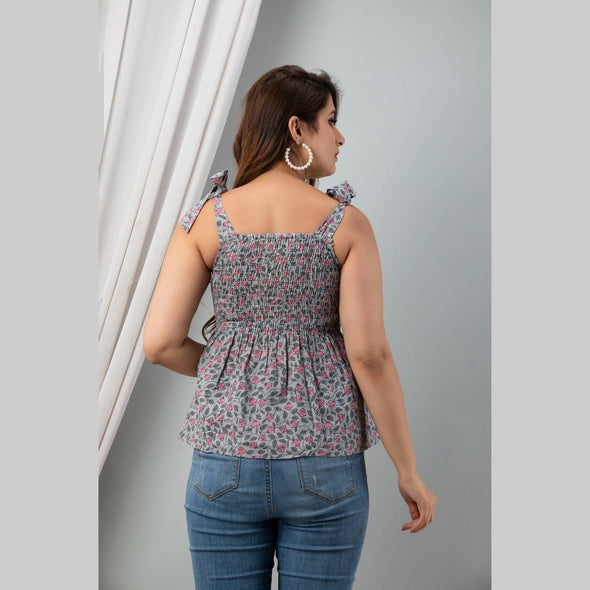 Cotton Grey Printed Smocked Sleeveless Top - FrionKandy