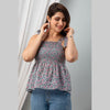 Cotton Grey Printed Smocked Sleeveless Top - FrionKandy