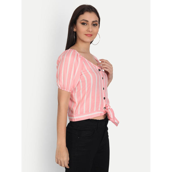Rayon Light Pink Vertical Stripe Print Half Sleeve Top - FrionKandy