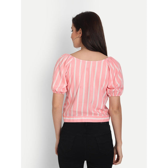 Rayon Light Pink Vertical Stripe Print Half Sleeve Top - FrionKandy