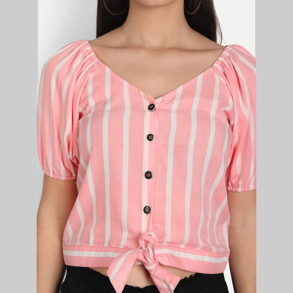 Rayon Light Pink Vertical Stripe Print Half Sleeve Top - FrionKandy