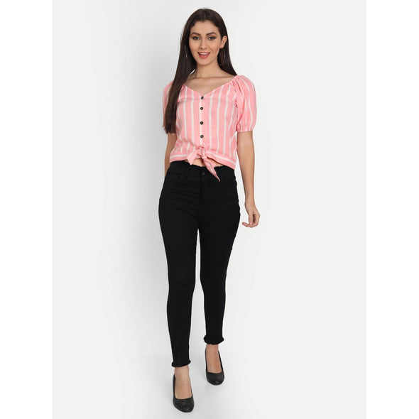 Rayon Light Pink Vertical Stripe Print Half Sleeve Top - FrionKandy