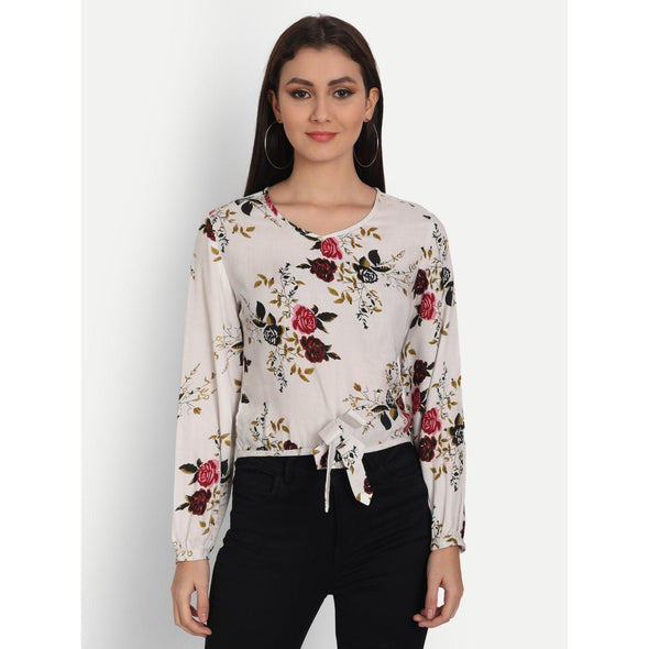 Rayon White Floral Printed Full Sleeve Top - FrionKandy