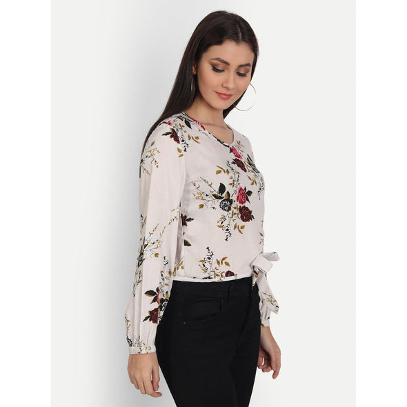 Rayon White Floral Printed Full Sleeve Top - Frionkandy