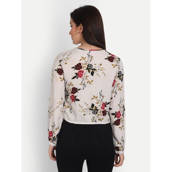 Rayon White Floral Printed Full Sleeve Top - Frionkandy
