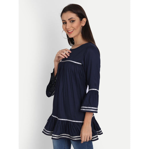 Rayon Solid Navy Blue Casual Bell Sleeve Top - FrionKandy