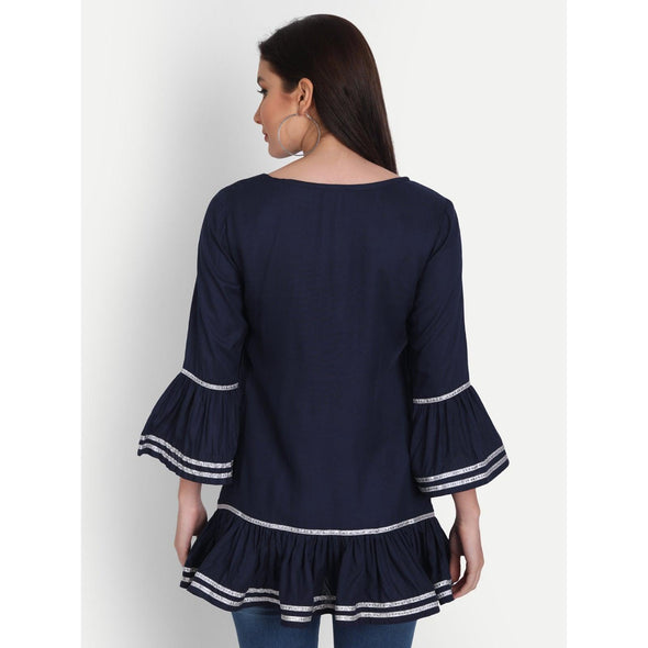 Rayon Solid Navy Blue Casual Bell Sleeve Top - FrionKandy
