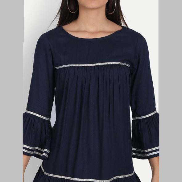 Rayon Solid Navy Blue Casual Bell Sleeve Top - FrionKandy