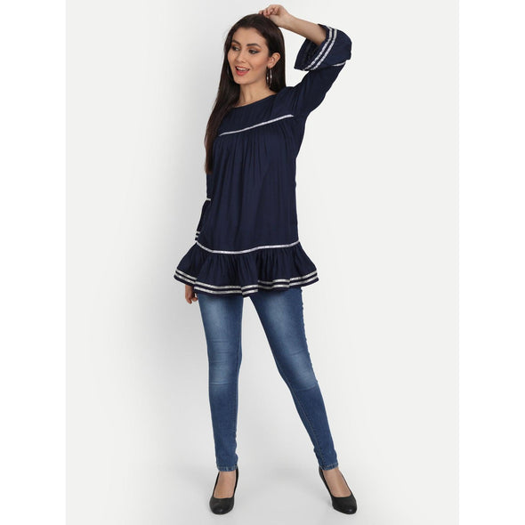 Rayon Solid Navy Blue Casual Bell Sleeve Top - FrionKandy