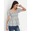 Cotton Light Blue Floral Print Half Sleeve Top - FrionKandy