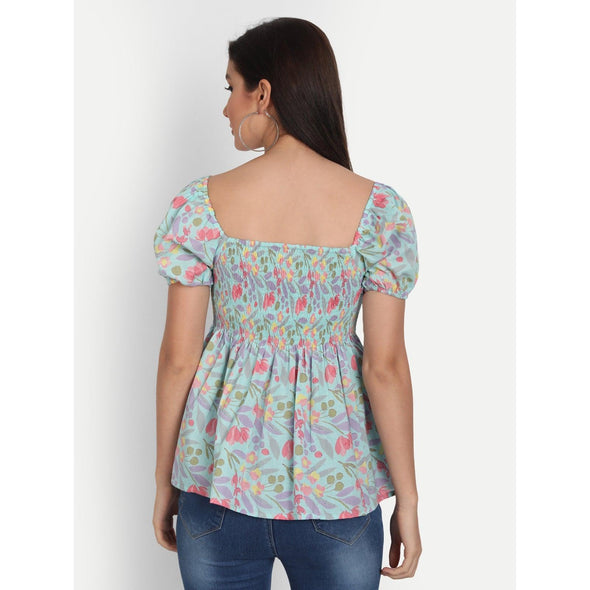 Cotton Light Blue Floral Print Half Sleeve Top - FrionKandy