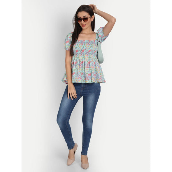 Cotton Light Blue Floral Print Half Sleeve Top - FrionKandy