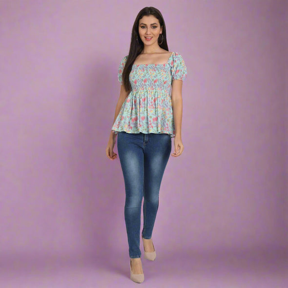 Cotton Light Blue Floral Print Half Sleeve Top - FrionKandy