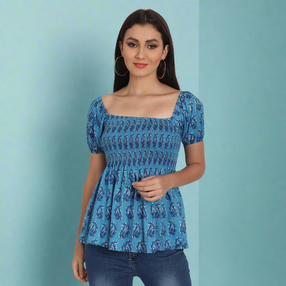 Cotton Blue Printed Casual Half Sleeve Top - FrionKandy