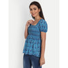 Cotton Blue Printed Casual Half Sleeve Top - FrionKandy