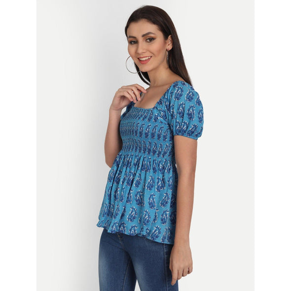 Cotton Blue Printed Casual Half Sleeve Top - FrionKandy