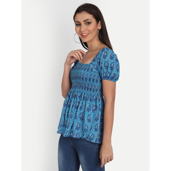 Cotton Blue Printed Casual Half Sleeve Top - Frionkandy