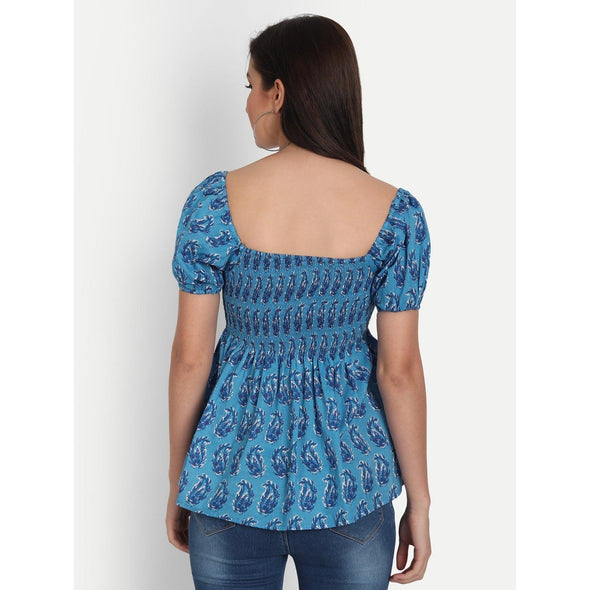 Cotton Blue Printed Casual Half Sleeve Top - FrionKandy