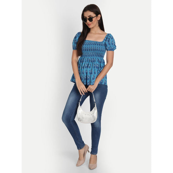 Cotton Blue Printed Casual Half Sleeve Top - FrionKandy