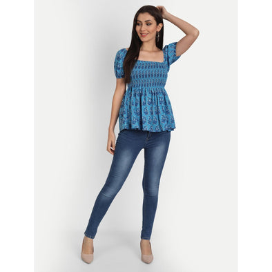Cotton Blue Printed Casual Half Sleeve Top - FrionKandy