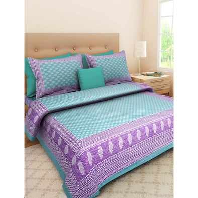 Turquoise Buta Print 120 TC Cotton Double Bed Sheet with 2 Pillow Covers (SHKAP1001) - Frionkandy