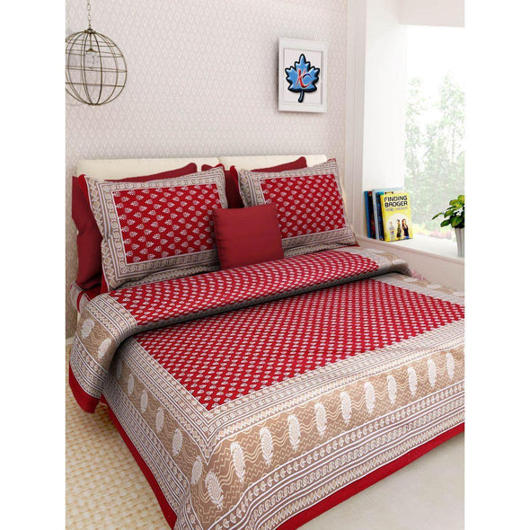 Red Buta Print 120 TC Cotton Double Bed Sheet with 2 Pillow Covers (SHKAP1003) - Frionkandy