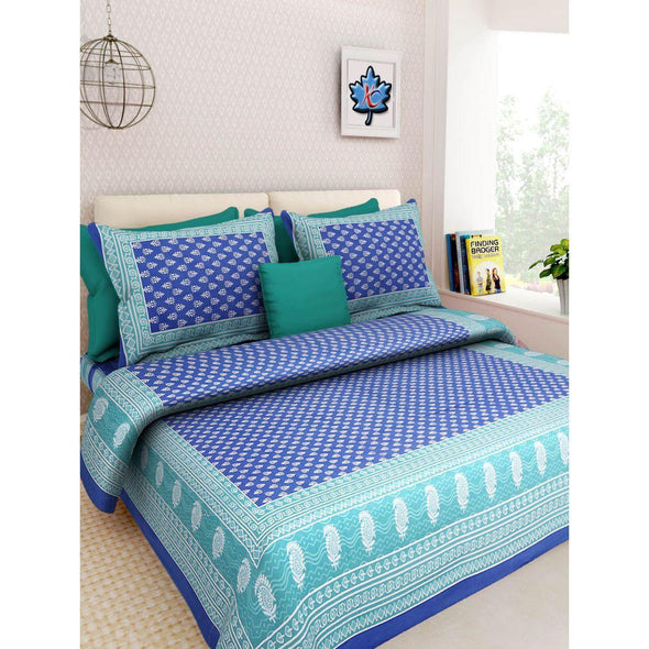 Blue Buta Print 120 TC Cotton Double Bed Sheet with 2 Pillow Covers (SHKAP1004) - Frionkandy