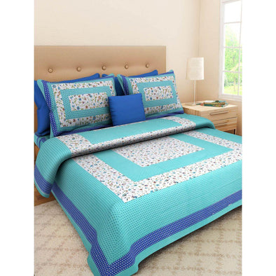 Turquoise Floral Print 120 TC Cotton Double Bed Sheet with 2 Pillow Covers (SHKAP1011) - Frionkandy