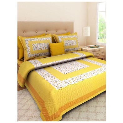 Yellow Floral Print 120 TC Cotton Double Bed Sheet with 2 Pillow Covers (SHKAP1012) - Frionkandy