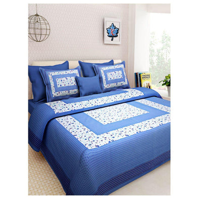 Blue Floral Print 120 TC Cotton Double Bed Sheet with 2 Pillow Covers (SHKAP1014) - Frionkandy