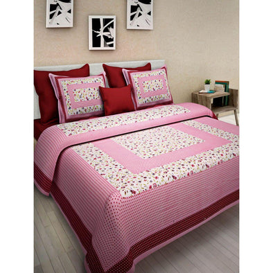 Pink Floral Print 120 TC Cotton Double Bed Sheet with 2 Pillow Covers (SHKAP1015) - Frionkandy