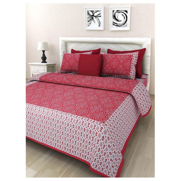 Red Bandhej Print 120 TC Cotton Double Bed Sheet with 2 Pillow Covers (SHKAP1018) - Frionkandy