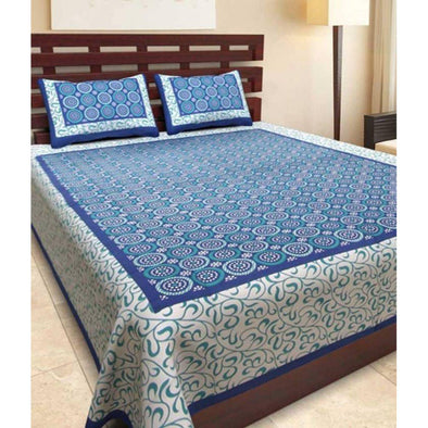 Blue Geometric Print 120 TC Cotton Double Bed Sheet with 2 Pillow Covers (SHKAP1024) - Frionkandy