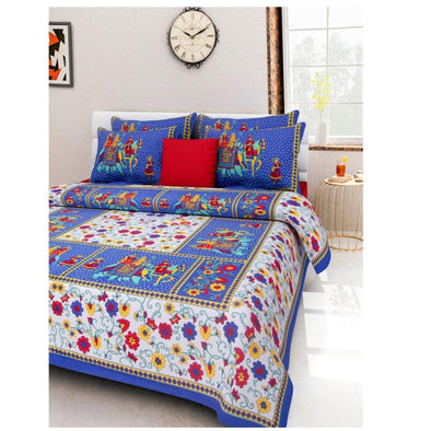 Blue Gangaur Barat Print 120 TC Cotton Double Bed Sheet with 2 Pillow Covers (SHKAP1037) - Frionkandy